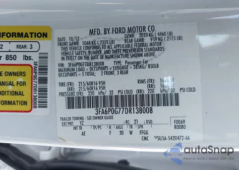 2013 Ford Fusion S из США, поврежденный, VIN 3FA6P0G77DR138008